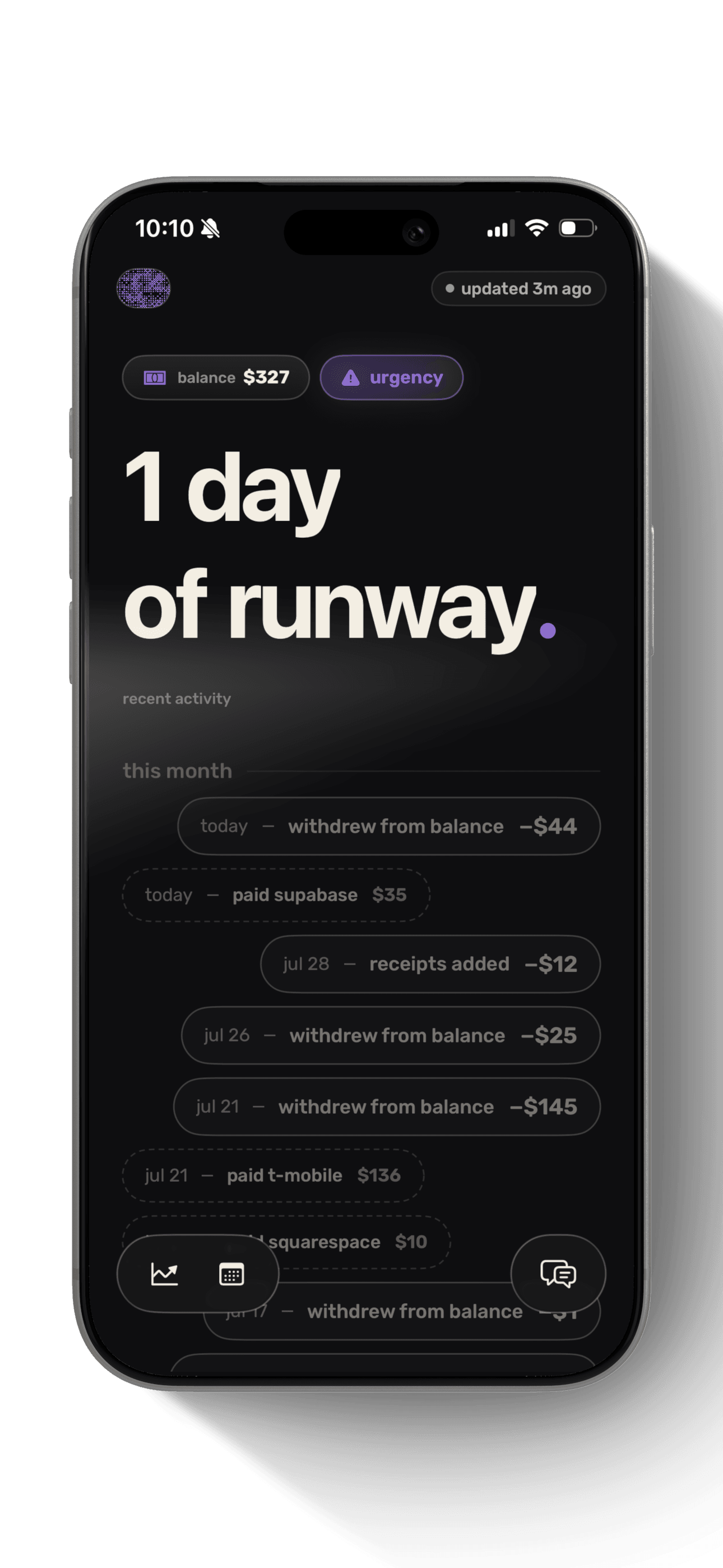 norma showing 1 day of runway with balance and recent activity